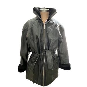 VTG Penny Lane leather jacket faux fur coat SM Wilson‎ belted pockets black  y2k